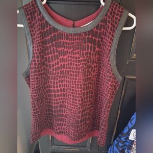 Elegant Red and Black Sleeveless Top With Real Leather Trim